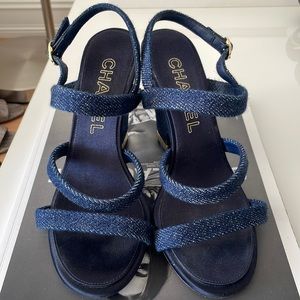 CHANEL sandals blue denim / gold european size 37 height heel 4”